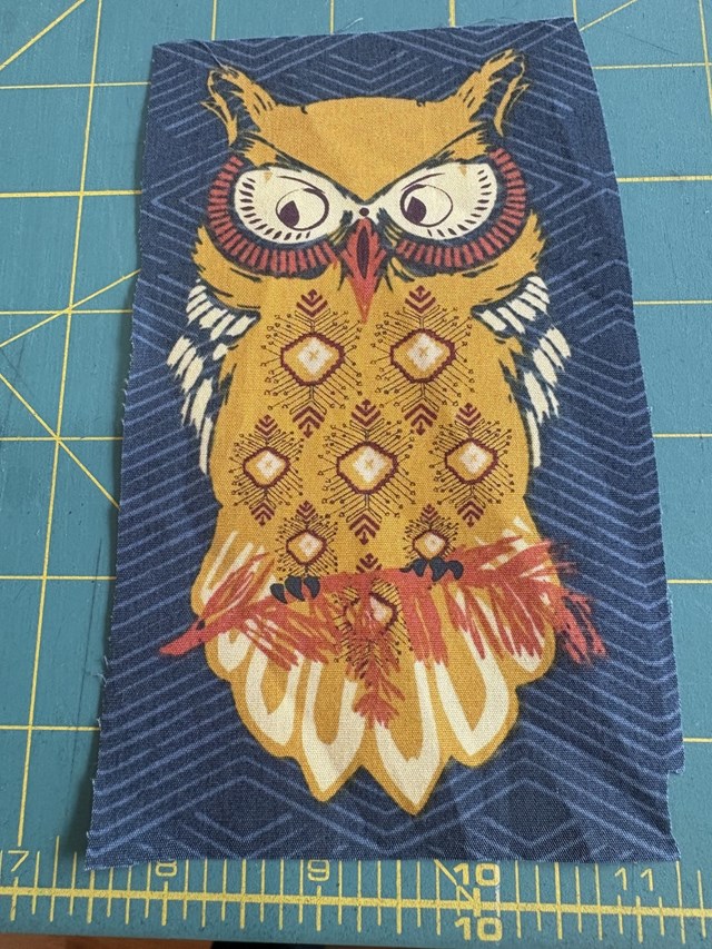 A piece of blue rectangular fabric with a yellow owl printed on it.