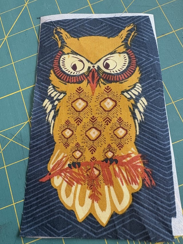 A piece of blue rectangular fabric with a yellow owl printed on it.