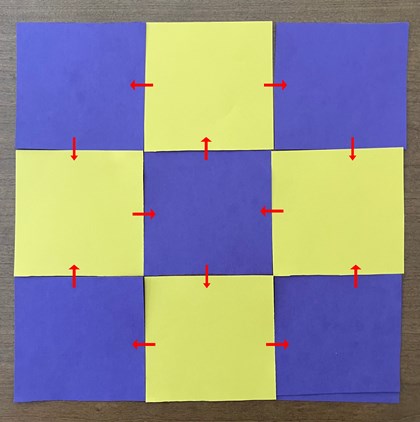 A 3x3 set of yellow and blue block cut-outs, red aroows between each block
