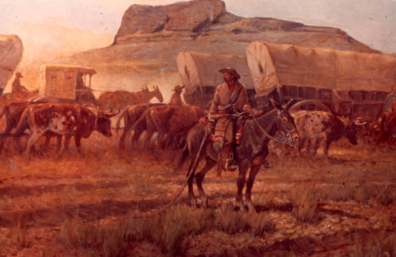 A painting of a person on horseback and many other sett behind them with horses and wagons.