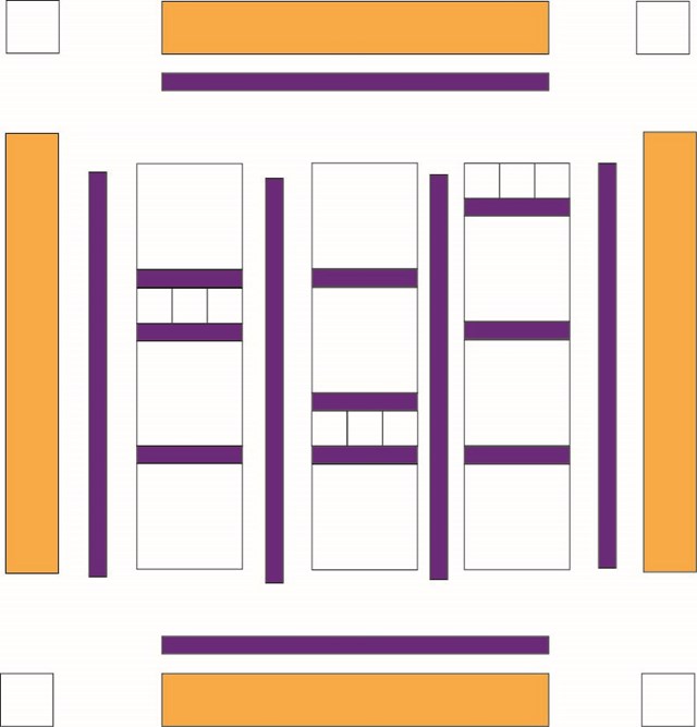 A yellow rectangular border with small purple and white square design on the inside.