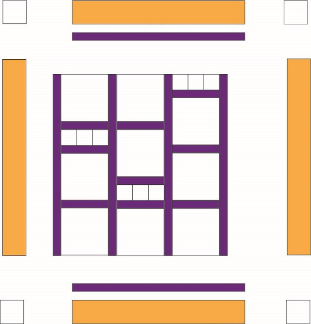 A yellow rectangular border with small purple and white square design on the inside.