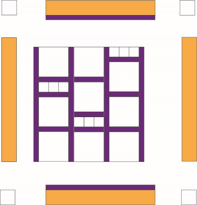 A yellow rectangular border with small purple and white square design on the inside.