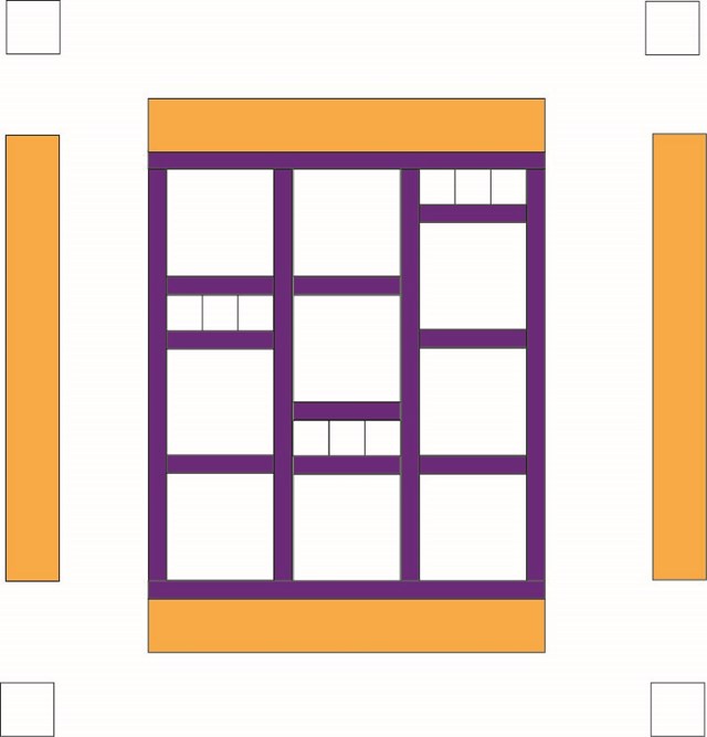 A yellow boarder with 4 white squares in the corners. Purple bordered boxes are patterned in it.