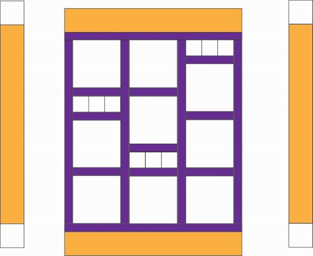 A yellow boarder with 4 white squares in the corners. Purple bordered boxes are patterned in it.