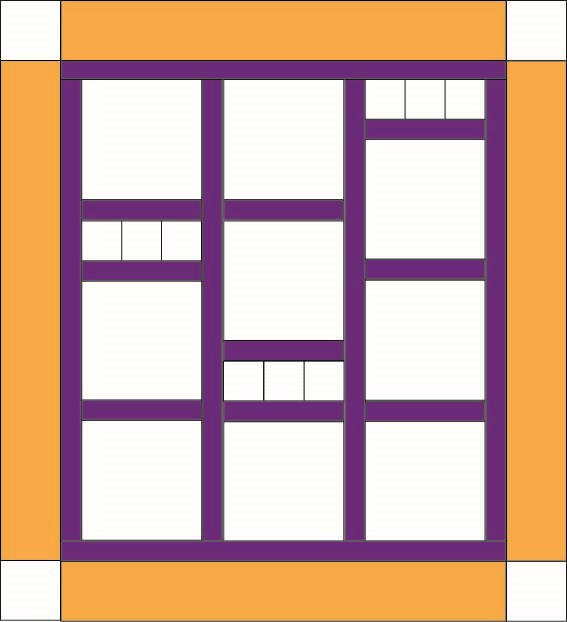 A yellow boarder with 4 white squares in the corners. Purple bordered boxes are patterned in it.