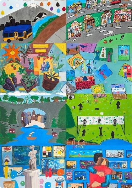 Collage of 8 paintings that depict different aspects of community