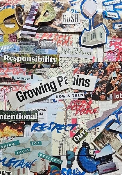 Collage of images overlapping with the words 'growing pains' in the middle of the piece.