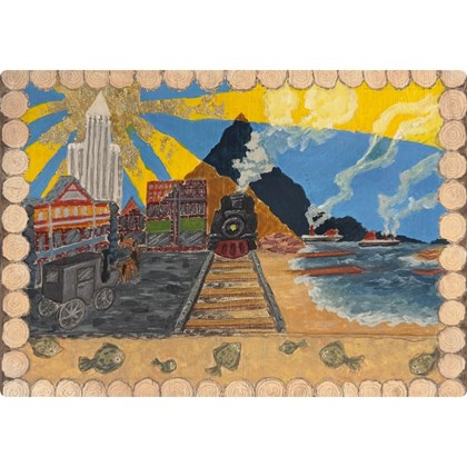 Painting depicting a city block with a railroad, water, and skyline