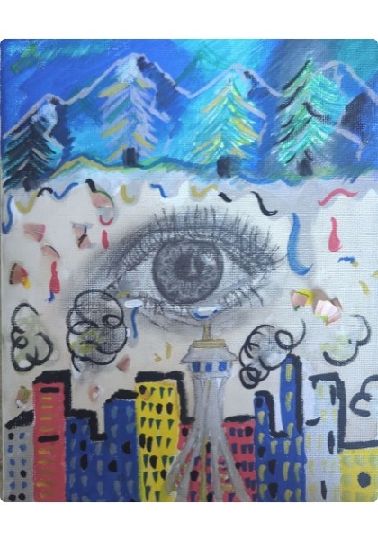 A painting with a single eye in the middle of the piece with a city skyline and mountains.