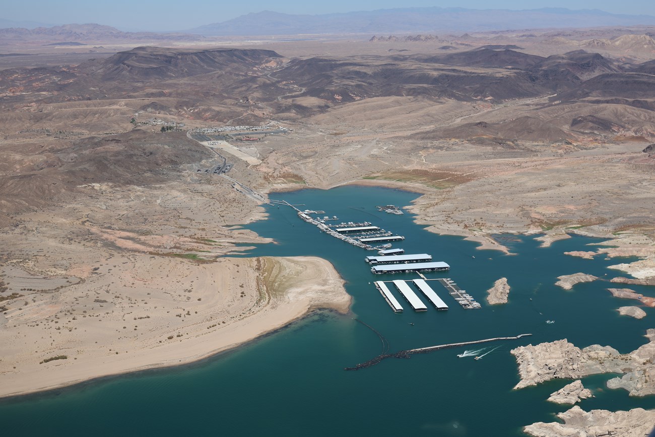Aerial view of marina docks on a desert lake