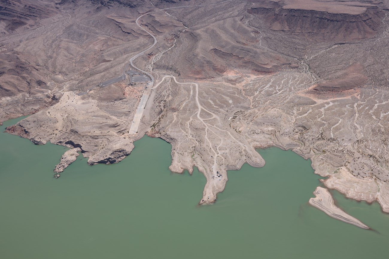 Aeiral view of desert lake in a sandstone canyon