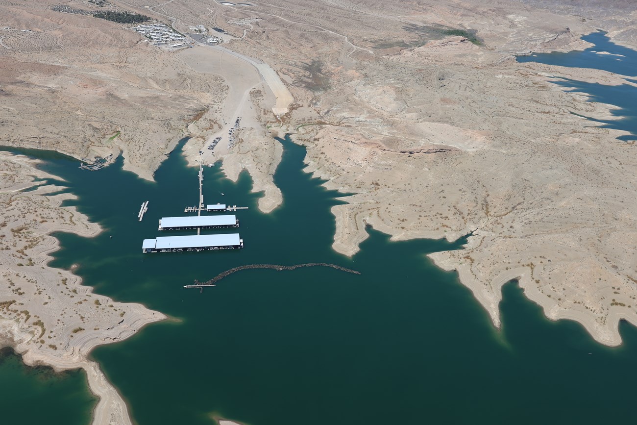 Aerial view of two-dock marina on a desert lake