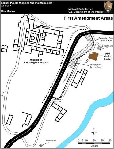 Map showing a First Amendment area near the Abó Visitor Center.