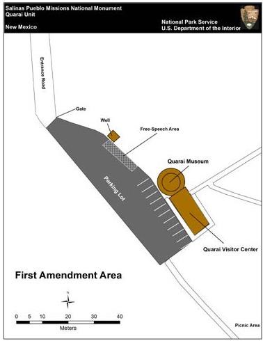 Map showing a free speech area in the parking lot at Quarai Visitor Center.