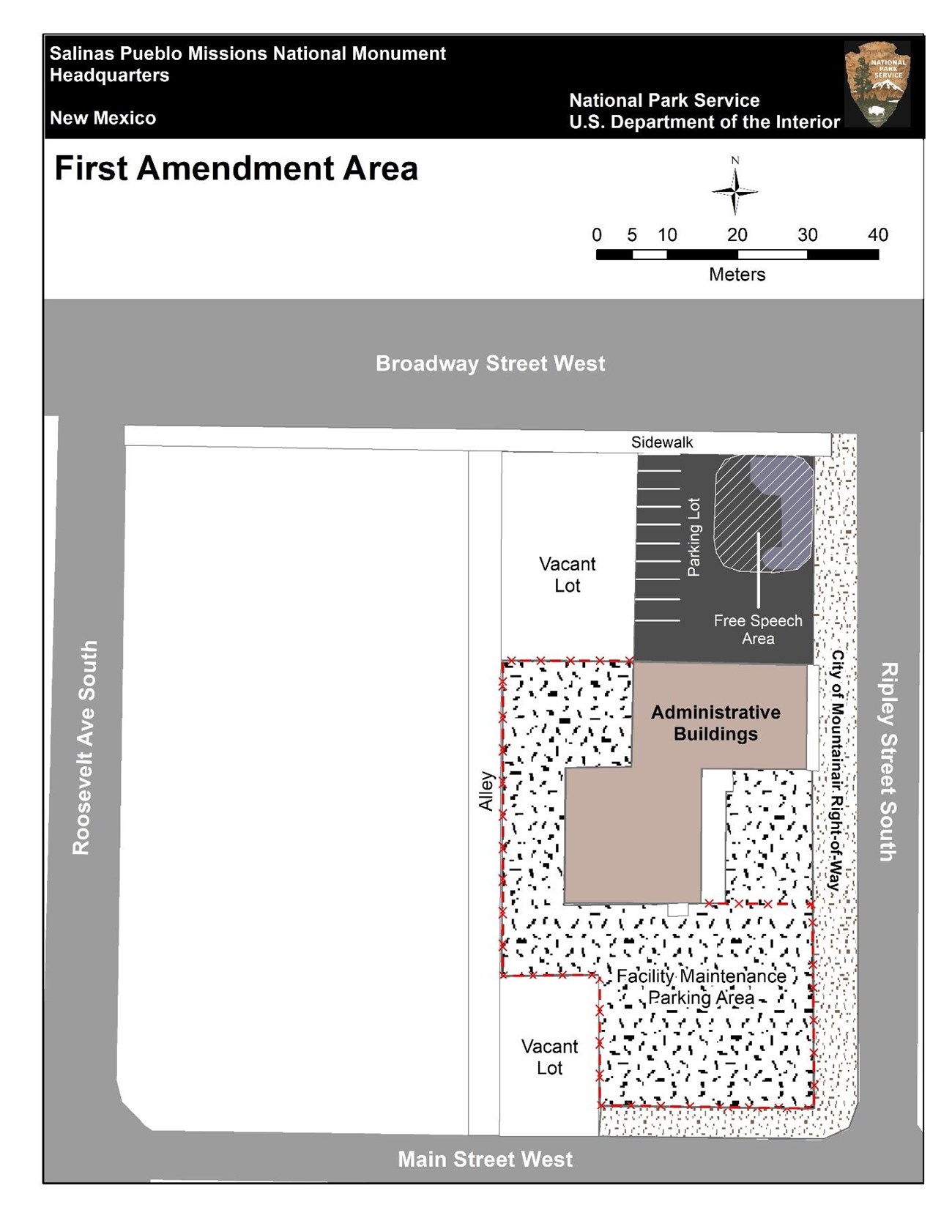 Map showing first amendment area in parking area at corner of Broadway St. west and Ripley St. South