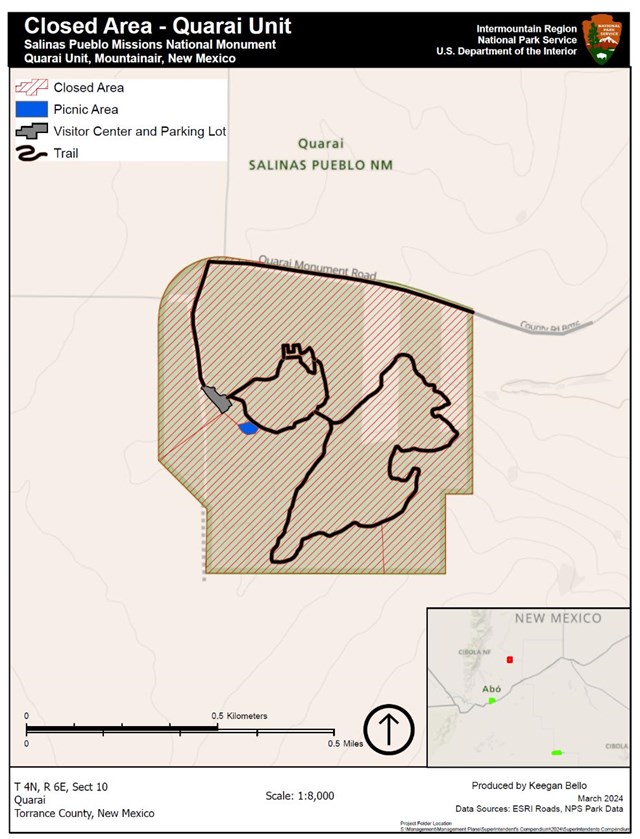 Map showing area closure surrounding Quarai Unit visitor center and trails.