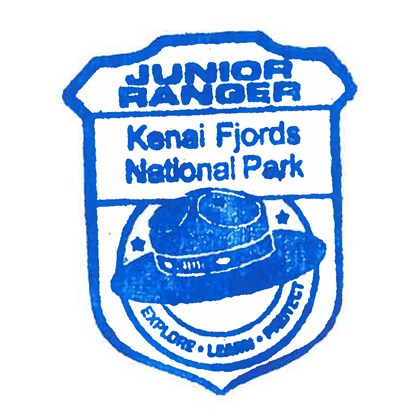 Badge-shaped stamp with flat hat: Kenai Fjords National Park Junior Ranger