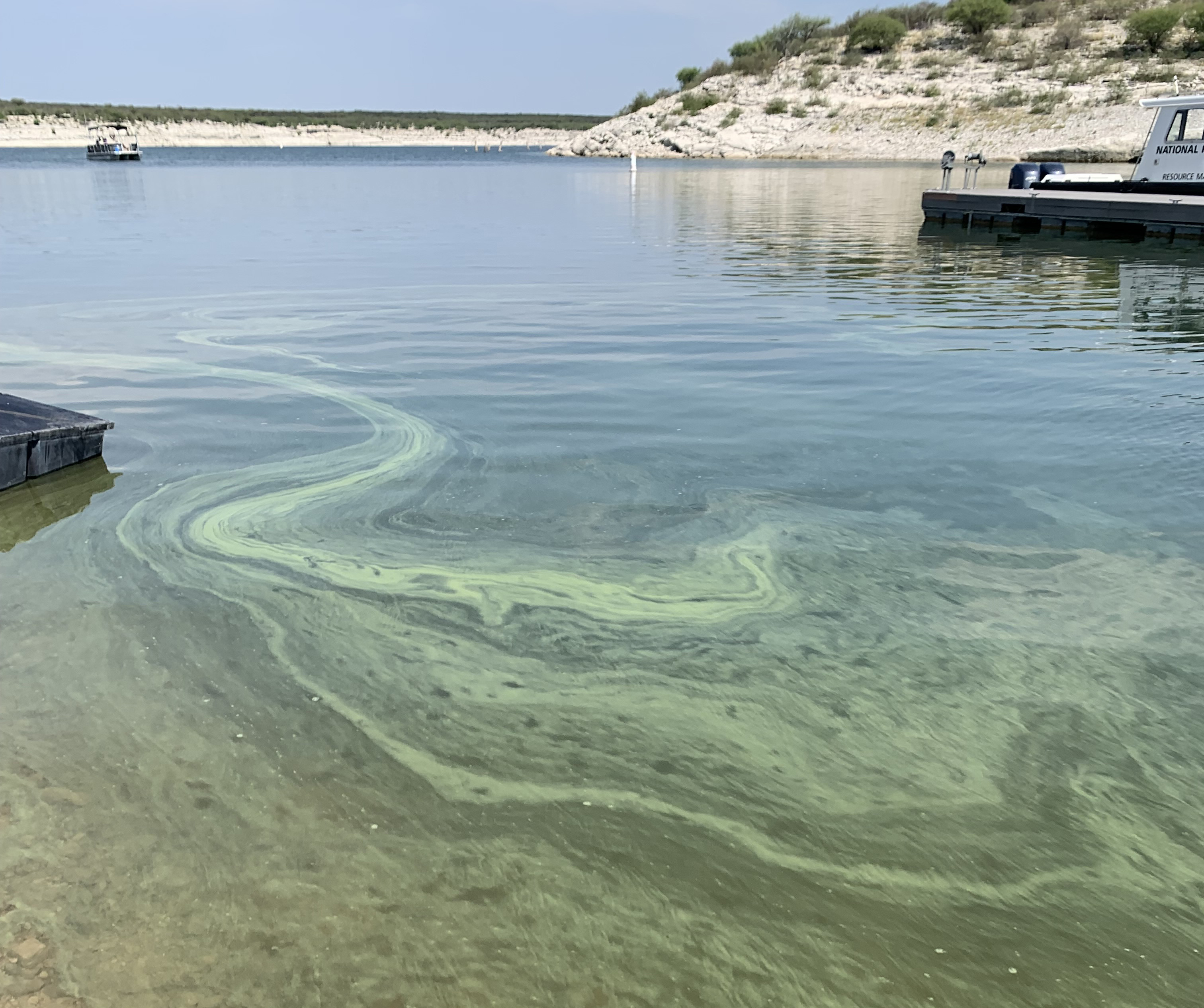 Boat ramp with hardly noticeable algal swirl at end of a boat dock toward shore.