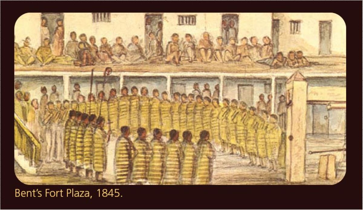 Watercolor and pencil sketch showing Native Americans in yellow blankets standing in a circle in the fort plaza while others are seated on second floor