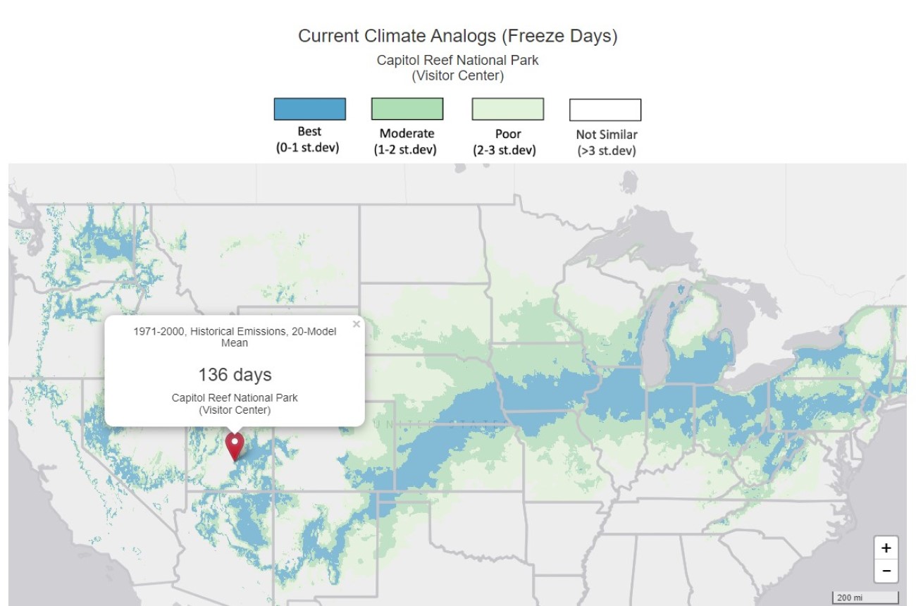 Map showing Capitol Reef with a similar amount of freeze days to the Midwest and New England