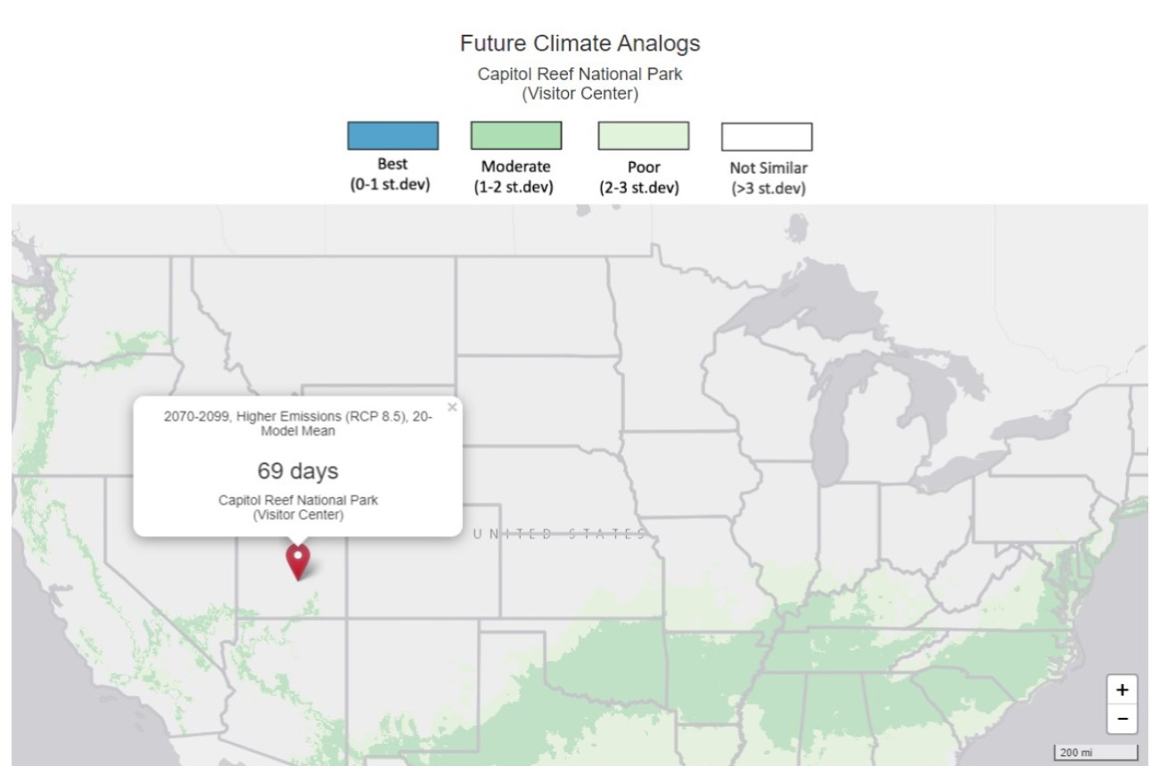 Map showing Capitol Reef with a similar amount of freeze days to the Midwest and New England