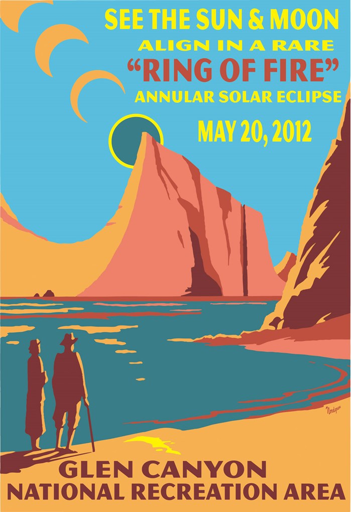 Graphic illustration of two people looking up at an ecliping sun at a desert lake. Words: See the Sun & Moon Align in a rare "Ring Of Fire" annular solar eclipse May 20, 2012 Glen Canyon National Recreation Area