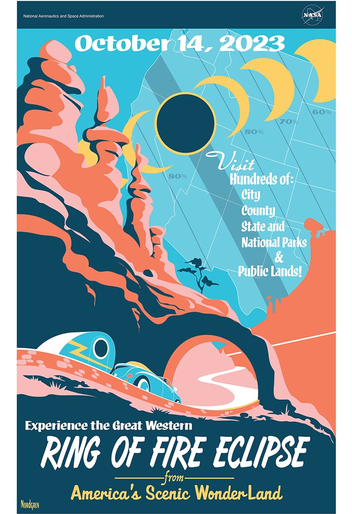 Graphic illustration of two people looking up at an ecliping sun at a desert lake. Words: See the Sun & Moon Align in a rare "Ring Of Fire" annular solar eclipse May 20, 2012 Glen Canyon National Recreation Area