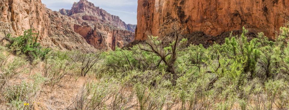 Men on river beach with cliffs