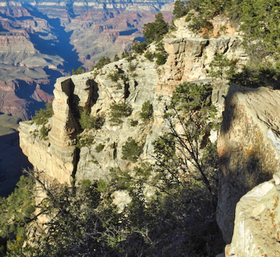 Man sitting on cliff edge with canyon in background