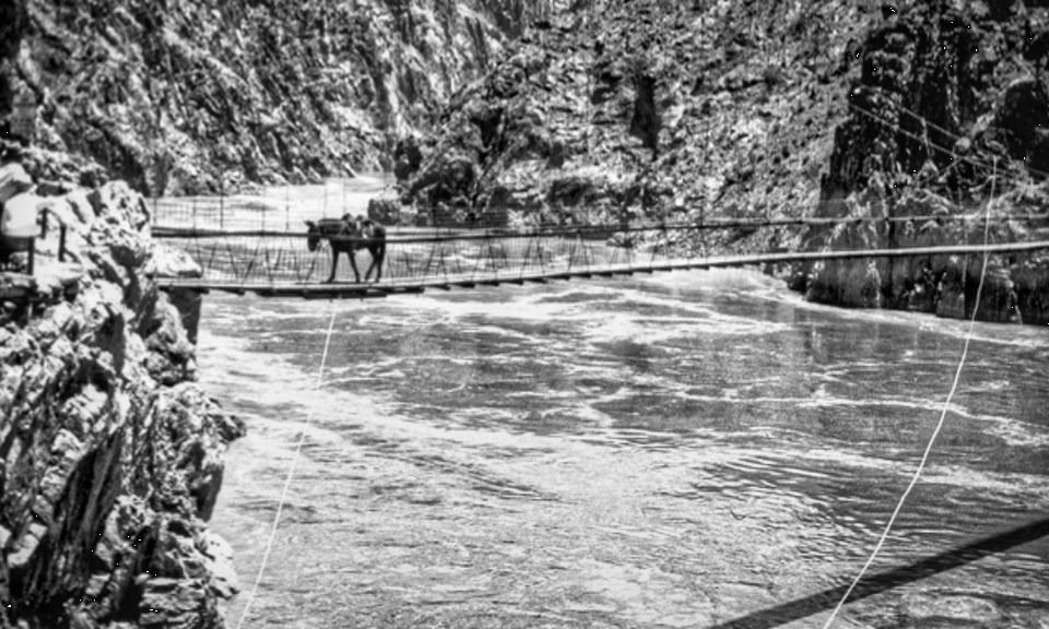 Horse on bridge suspended above river with cliffs