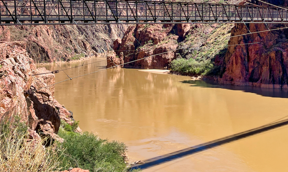 Horse on bridge suspended above river with cliffs