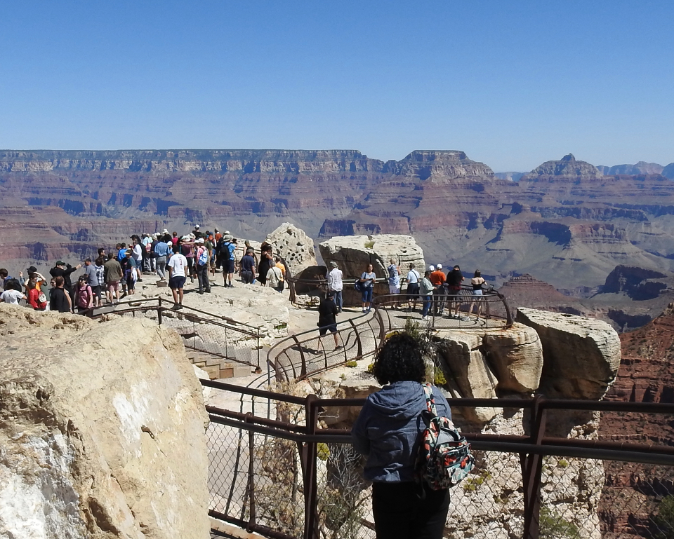 Cliff edges with people, fences, and canyon in background