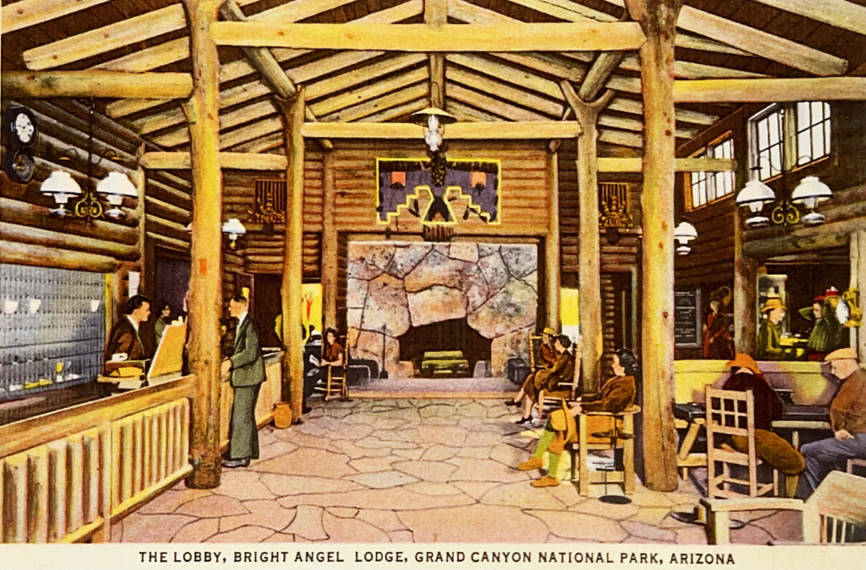 Colorized postcard of hotel lobby with wood beams, people and furniture