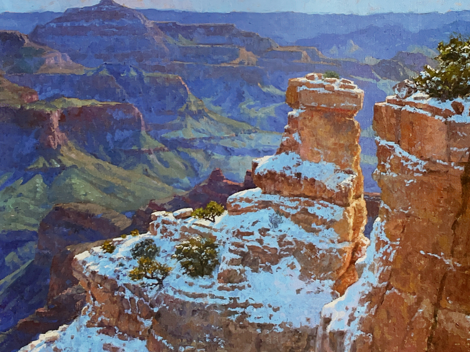 Painting of pinnacles and cliffs with snow and a tree