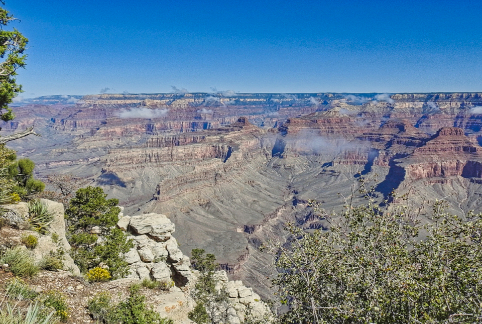 Painting of canyon cliffs and trees with sun