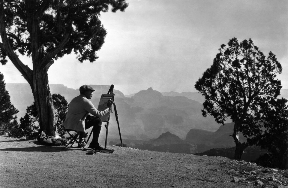 Man with easel painting with canyon and trees