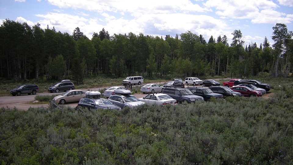 A rendering of improved Granite Canyon Trailhead parking lot showing new asphalt, a bathroom, and trashcans.