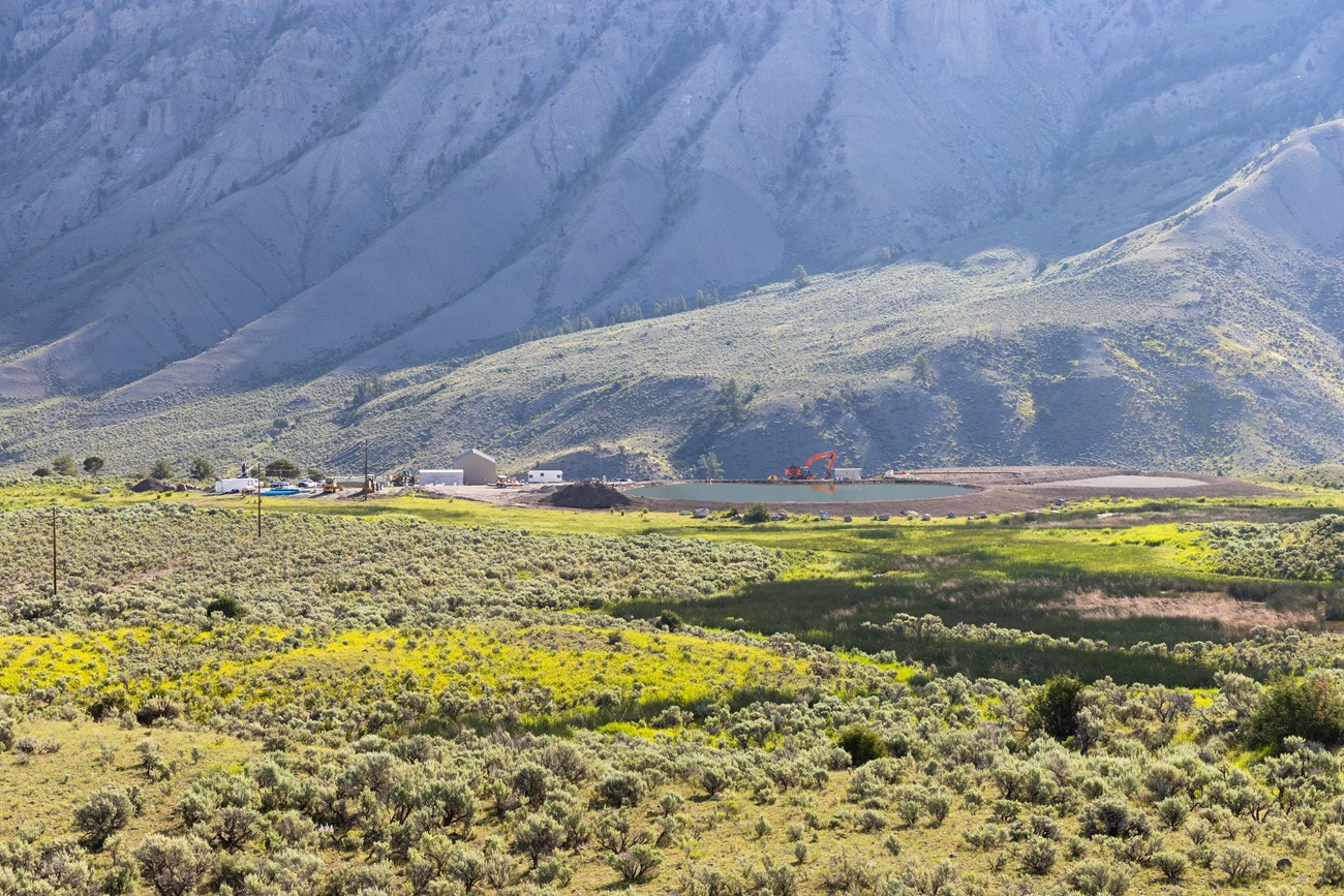 a large, grassy field with mountains in the distance