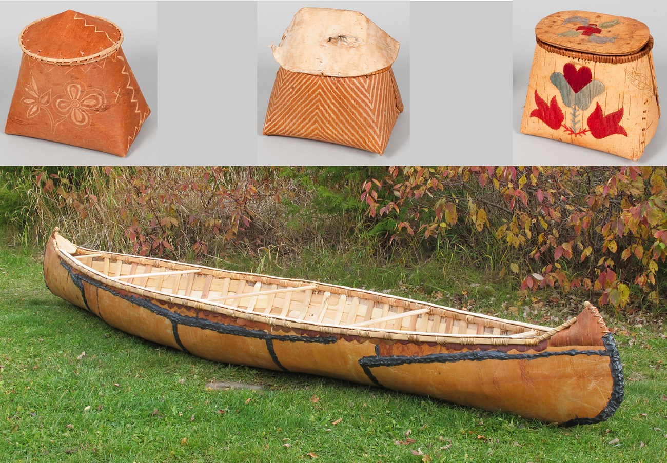 Three birchbark baskets in a row over a birchbark canoe.