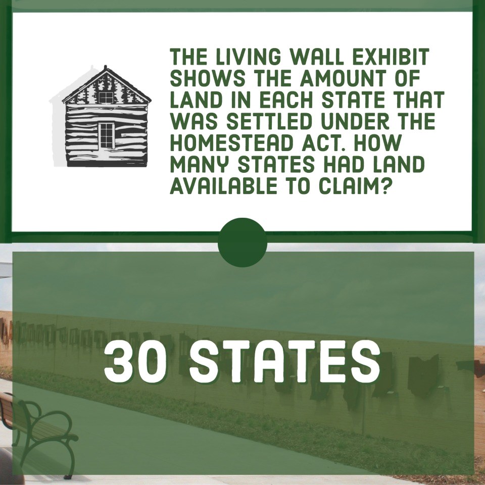 Green Text with White background. Question: The living wall exhibit shows the amount of land in each state that was settled under the Homestead Act. How many states had land available to claim?