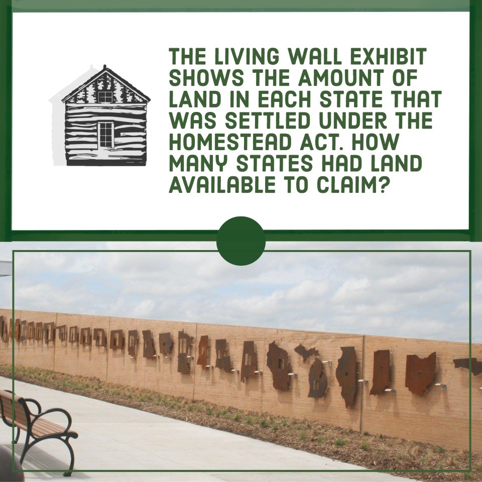 Green Text with White background. Question: The living wall exhibit shows the amount of land in each state that was settled under the Homestead Act. How many states had land available to claim?