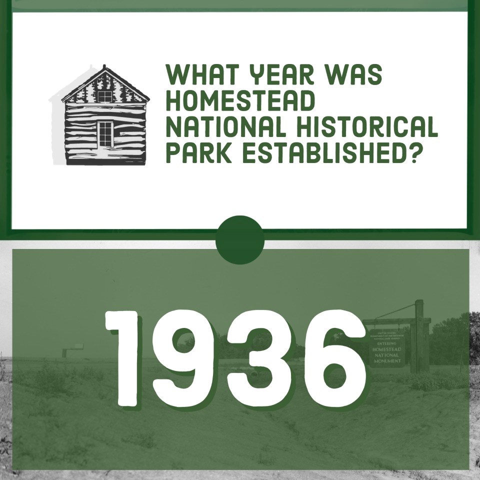 Split image with a white background and text that reads "What year was Homestead National Historical Park Established?