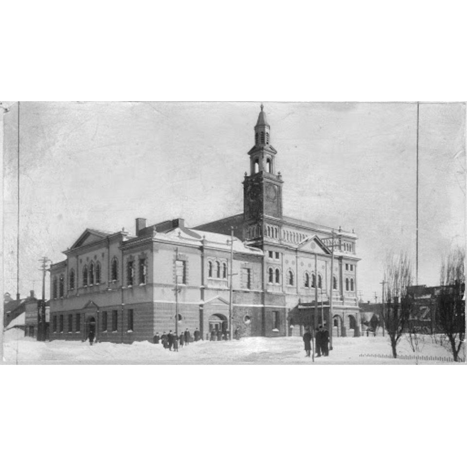 Black and white photograph of the Calumet Village Hall and Theater