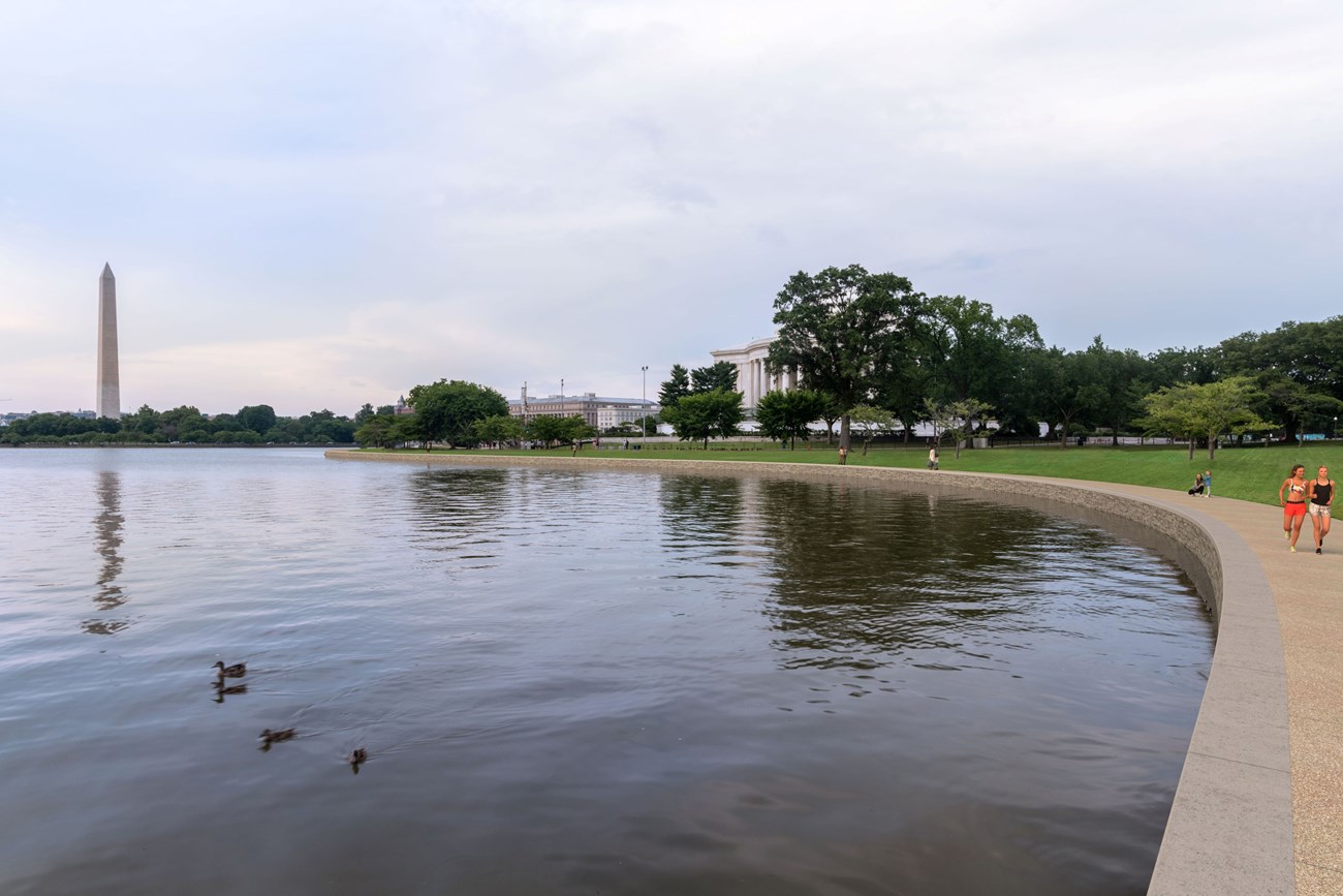 Water flooding trees with memorials in the background