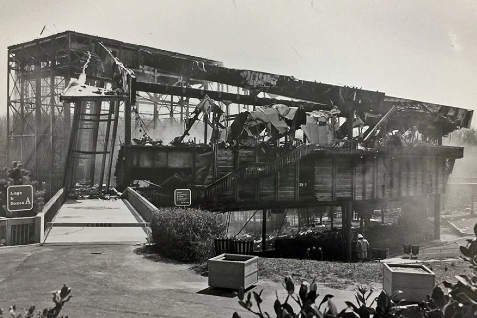 The Filene Center, after a destructive fire on April 5, 1982.