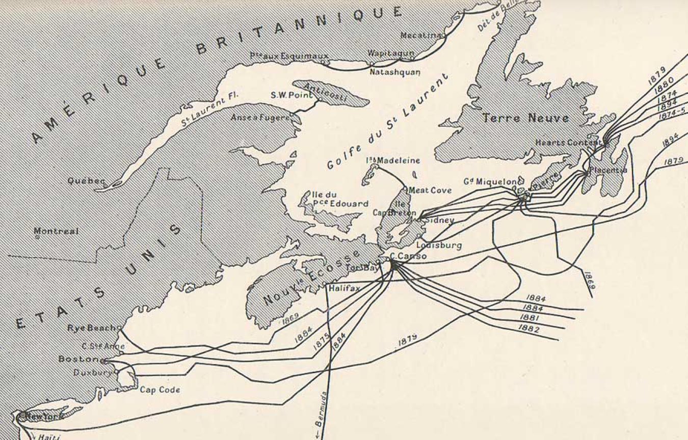 Map showing the northeastern United States and southeastern Canada coasts with lines coming in.