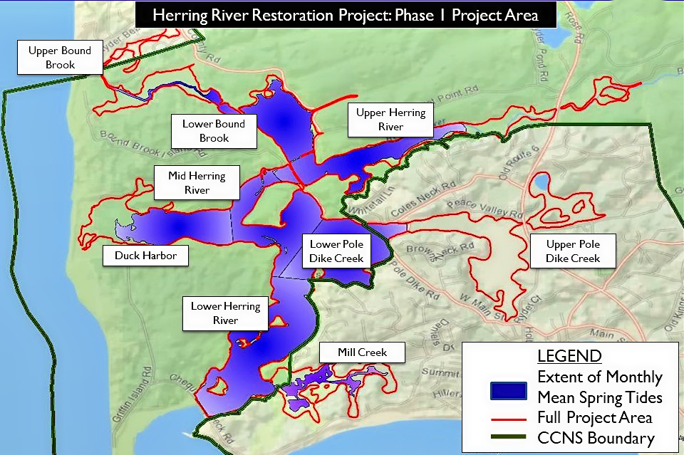 A map showing the Herring River project area with labels of specific locations. A legend shows the extent of monthly mean spring tides, the outline of the full project area, and the Cape Cod National Seashore boundary.