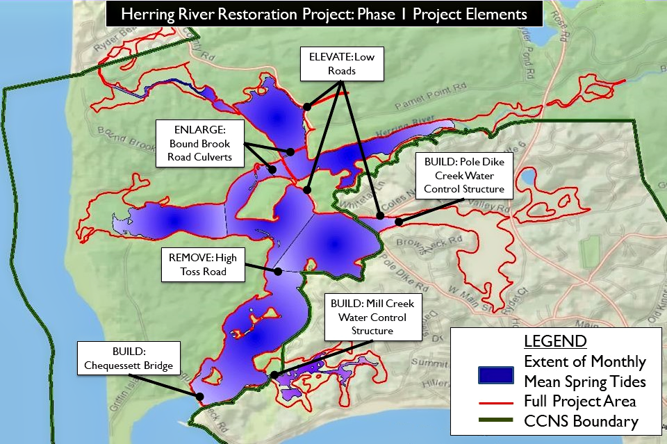 A map showing the Herring River project area with labels of specific locations. A legend shows the extent of monthly mean spring tides, the outline of the full project area, and the Cape Cod National Seashore boundary.