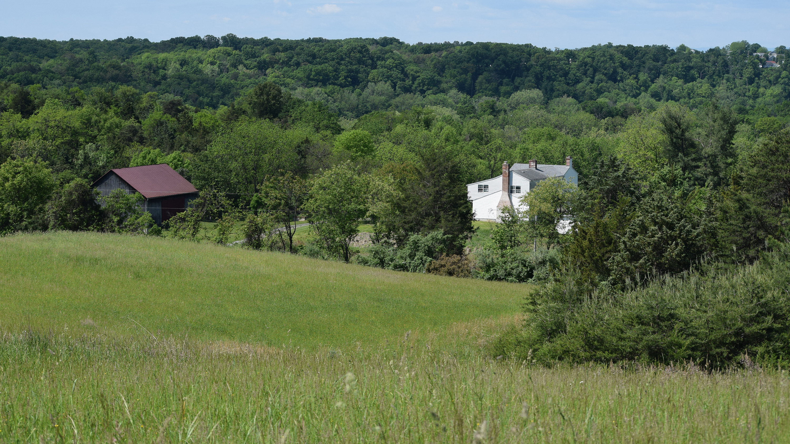 A landscape of downward sloping grassy fields. At the bottom of the hill is a two-story farm house and a large wooden barn.